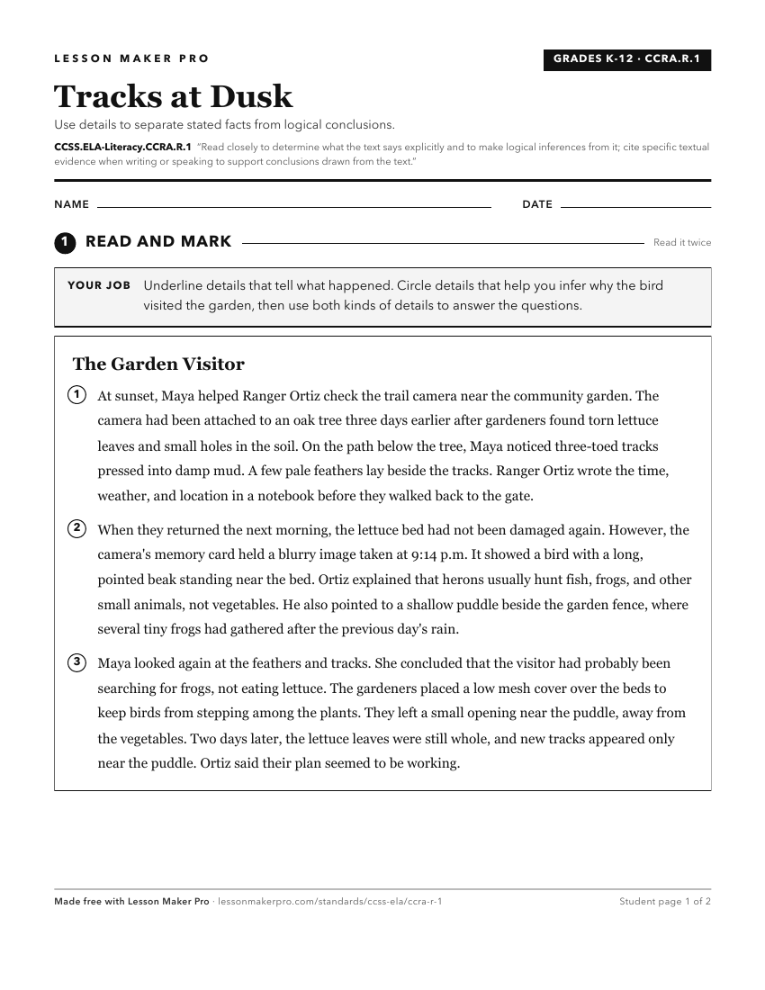 Preview of the CCSS.ELA-Literacy.CCRA.R.1 printable worksheet