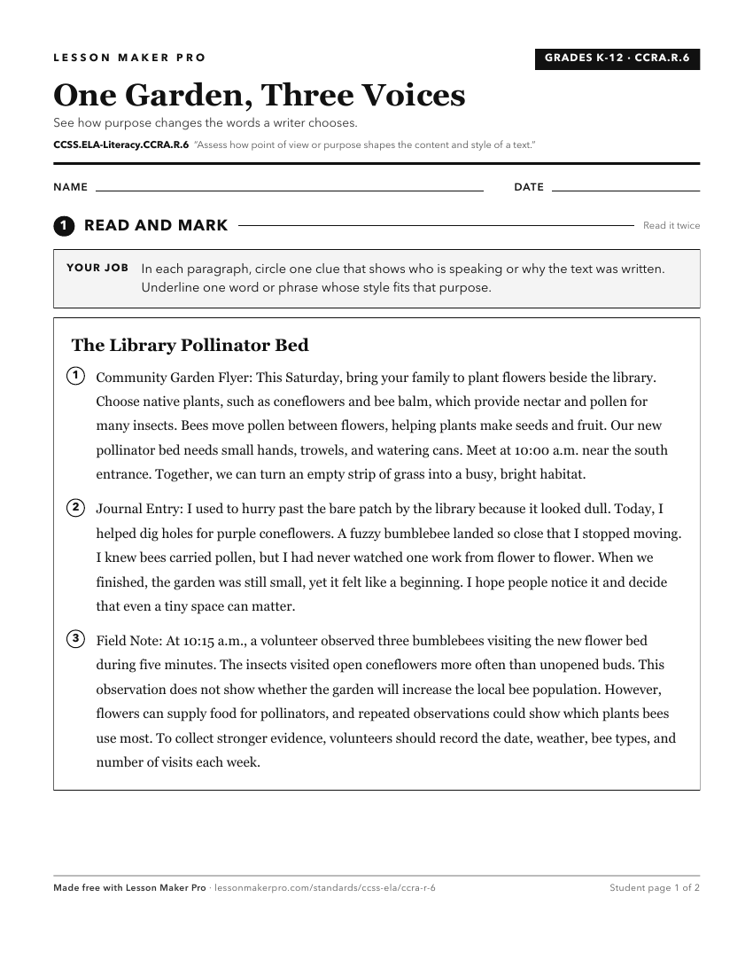 Preview of the CCSS.ELA-Literacy.CCRA.R.6 printable worksheet