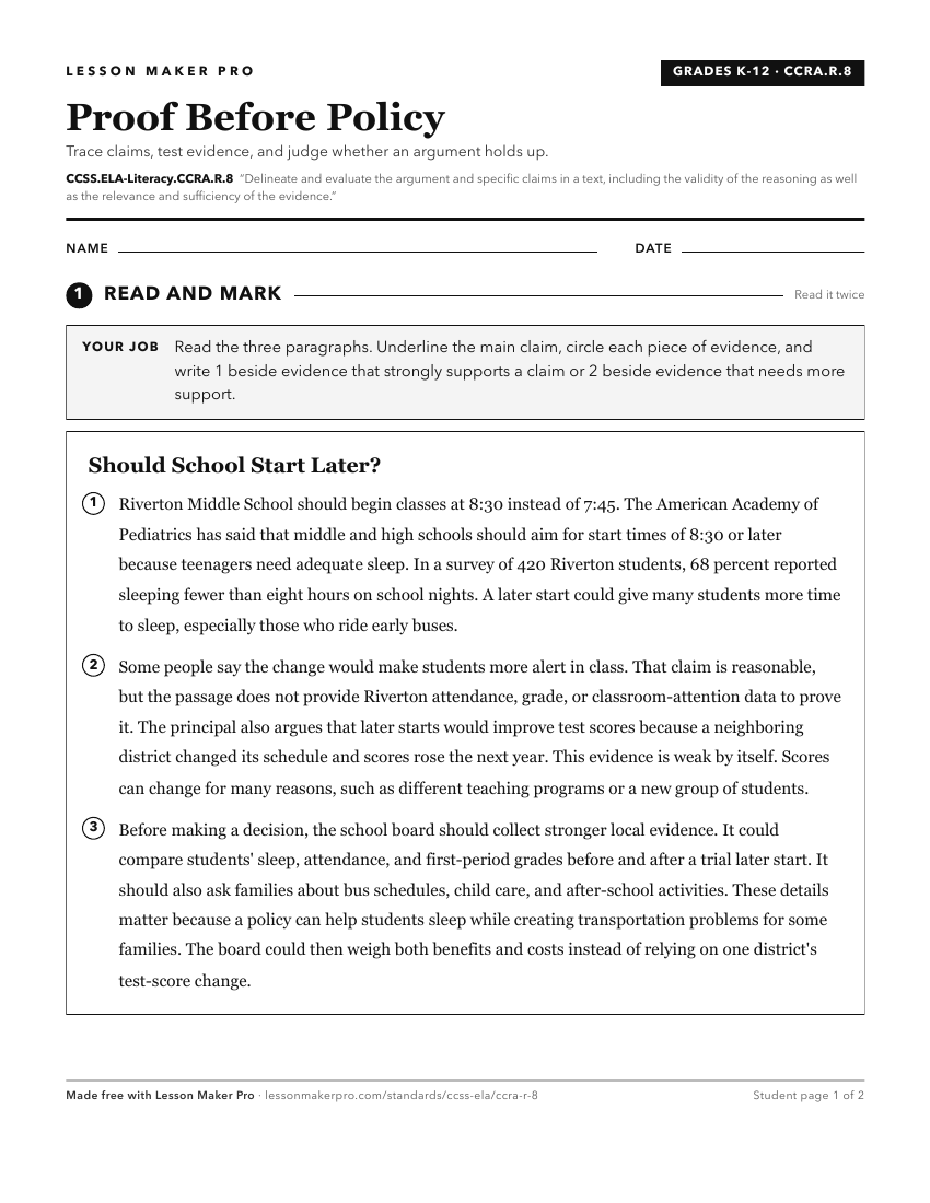 Preview of the CCSS.ELA-Literacy.CCRA.R.8 printable worksheet