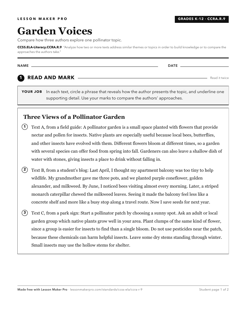 Preview of the CCSS.ELA-Literacy.CCRA.R.9 printable worksheet