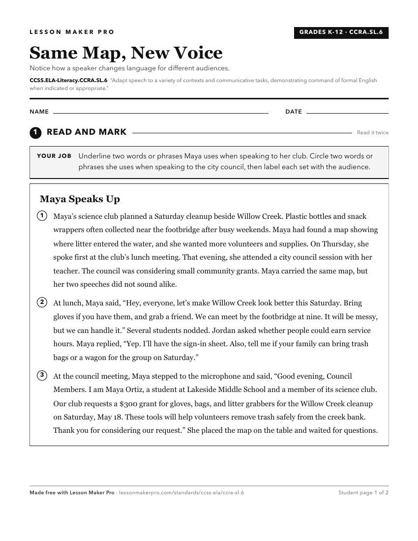 Preview of the CCSS.ELA-Literacy.CCRA.SL.6 printable worksheet