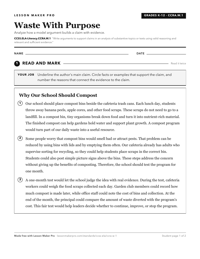 Preview of the CCSS.ELA-Literacy.CCRA.W.1 printable worksheet