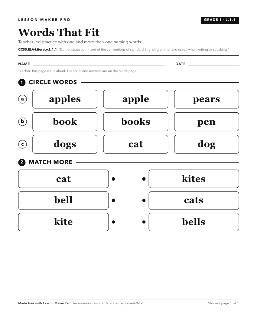 Preview of the CCSS.ELA-Literacy.L.1.1 printable worksheet