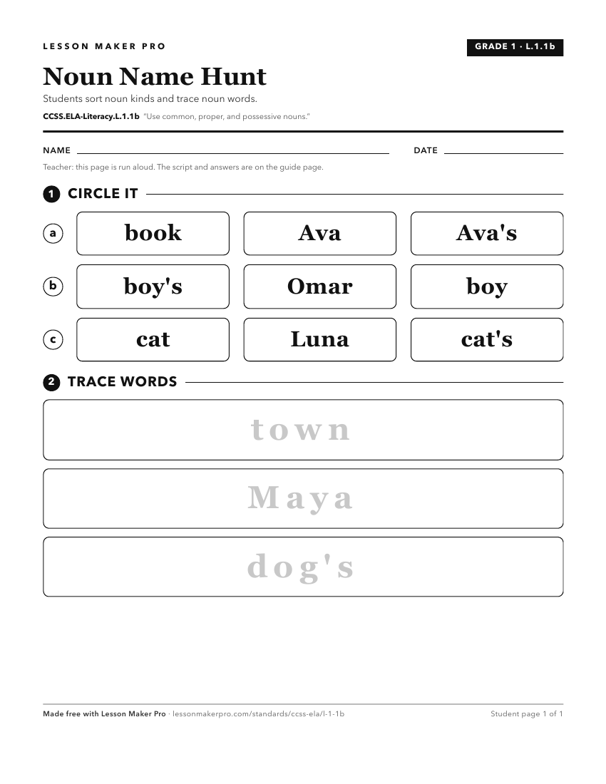 Preview of the CCSS.ELA-Literacy.L.1.1b printable worksheet