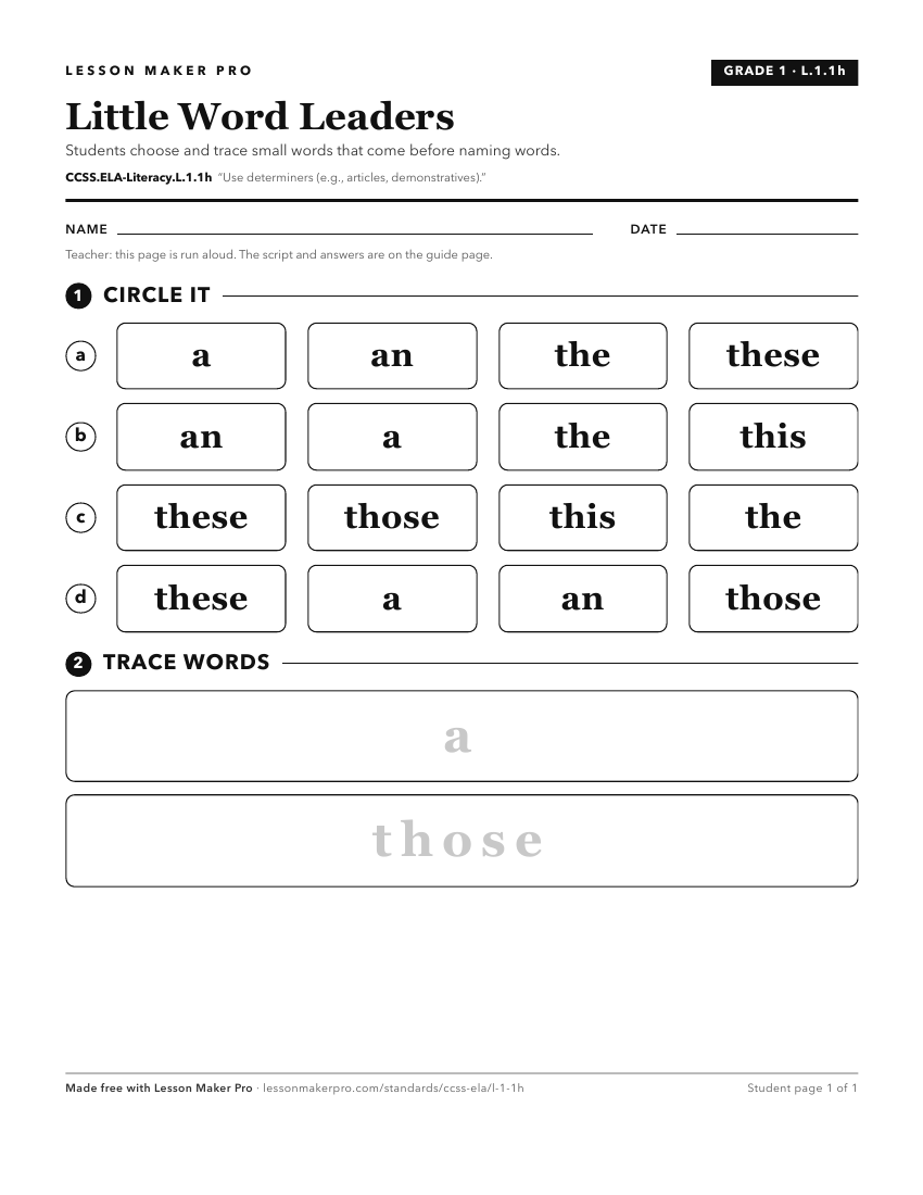 Preview of the CCSS.ELA-Literacy.L.1.1h printable worksheet