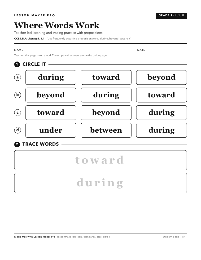 Preview of the CCSS.ELA-Literacy.L.1.1i printable worksheet
