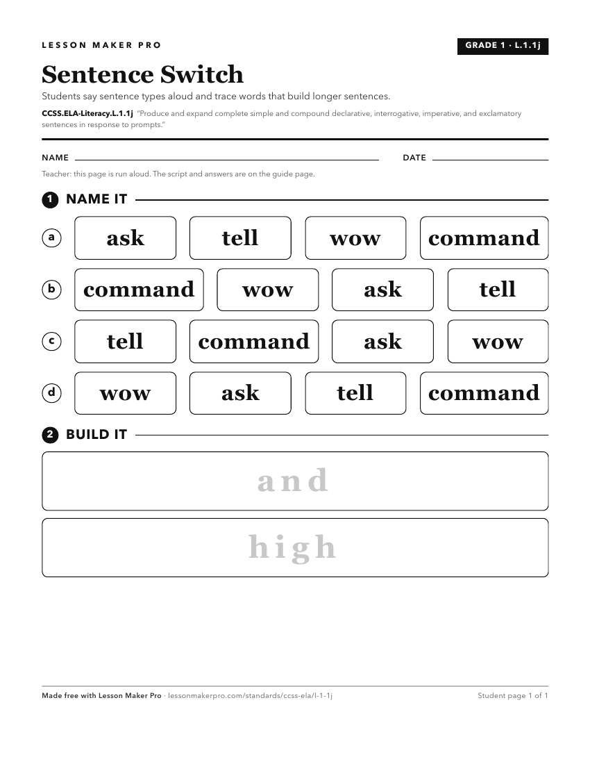 Preview of the CCSS.ELA-Literacy.L.1.1j printable worksheet