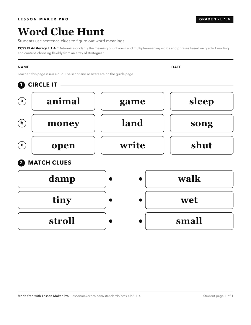 Preview of the CCSS.ELA-Literacy.L.1.4 printable worksheet