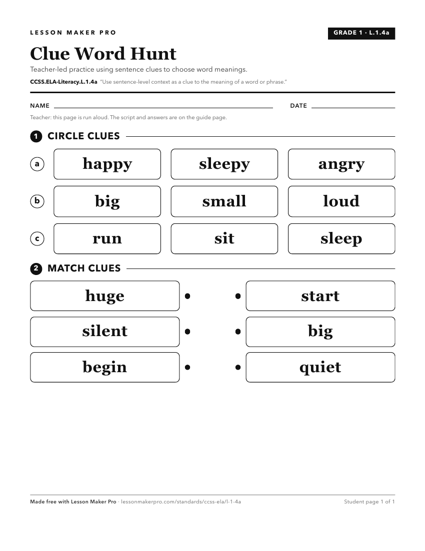 Preview of the CCSS.ELA-Literacy.L.1.4a printable worksheet