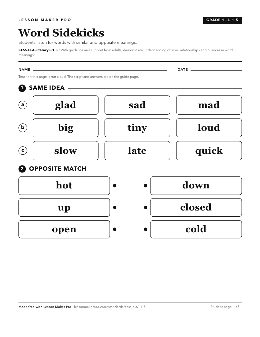 Preview of the CCSS.ELA-Literacy.L.1.5 printable worksheet