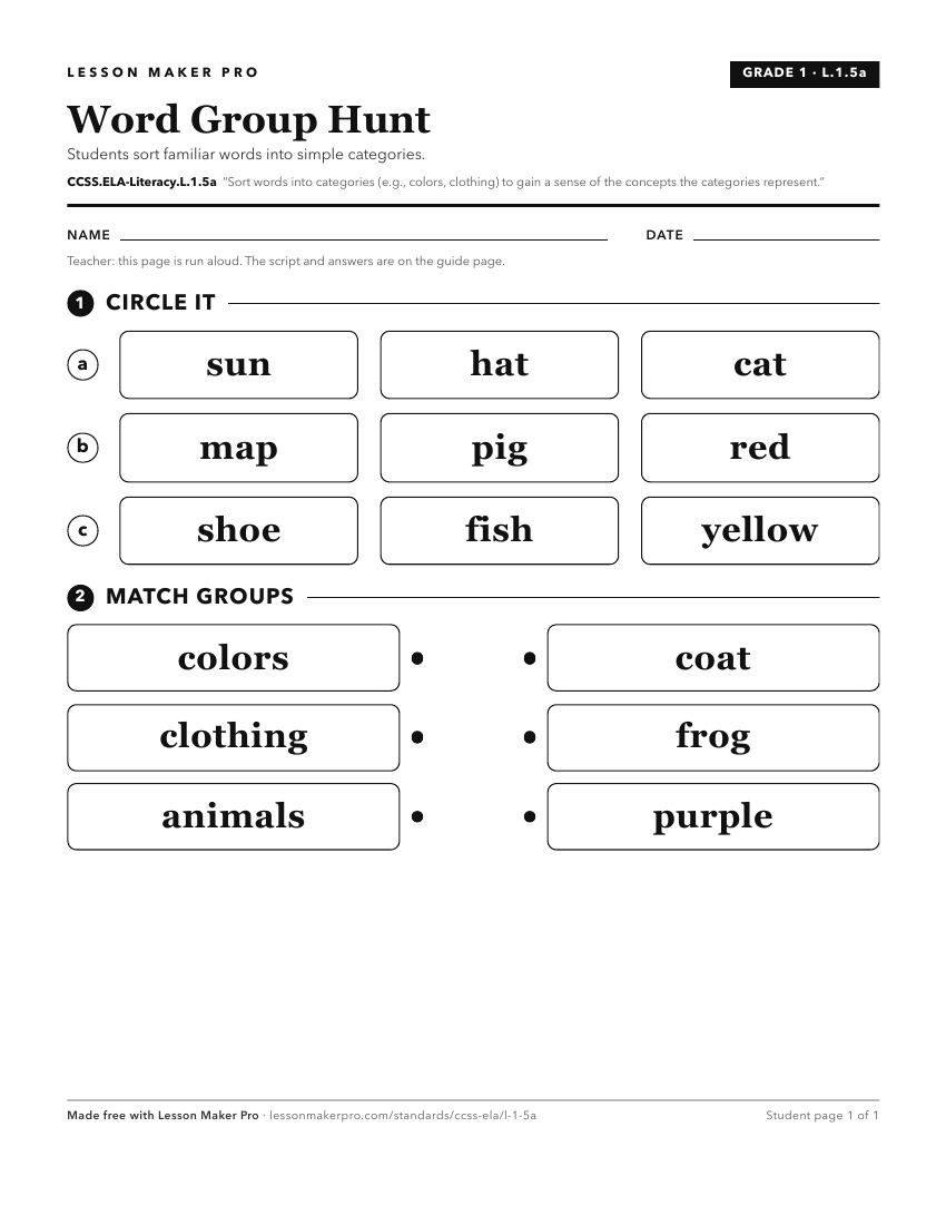 Preview of the CCSS.ELA-Literacy.L.1.5a printable worksheet