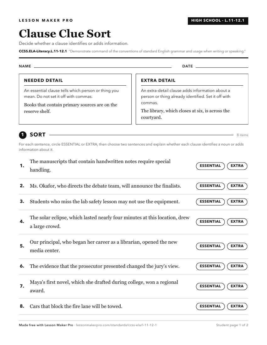 Preview of the CCSS.ELA-Literacy.L.11-12.1 printable worksheet