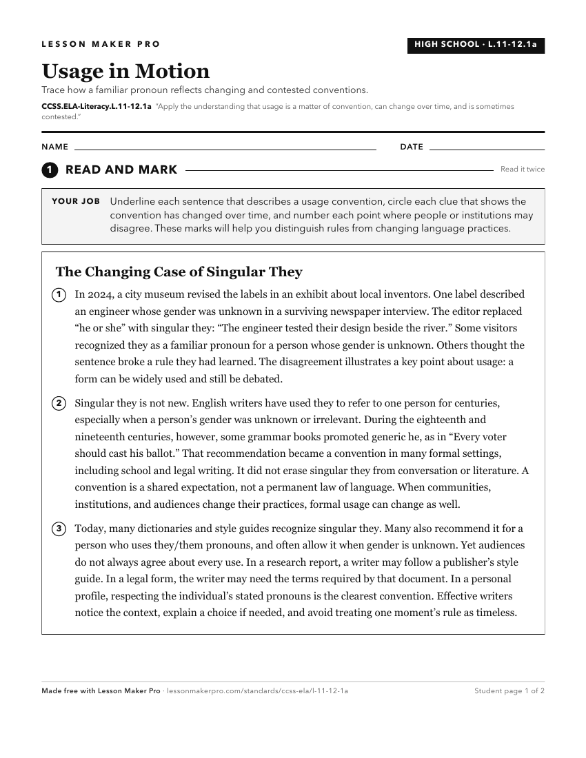 Preview of the CCSS.ELA-Literacy.L.11-12.1a printable worksheet