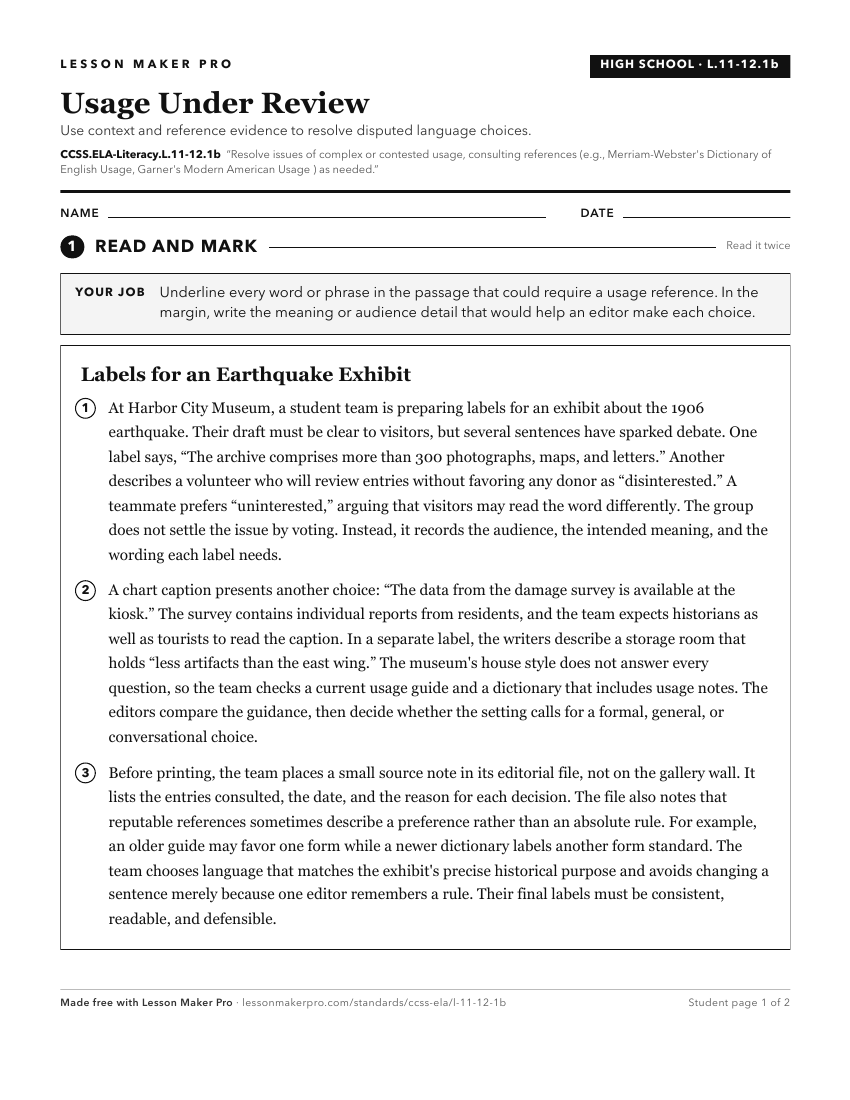 Preview of the CCSS.ELA-Literacy.L.11-12.1b printable worksheet