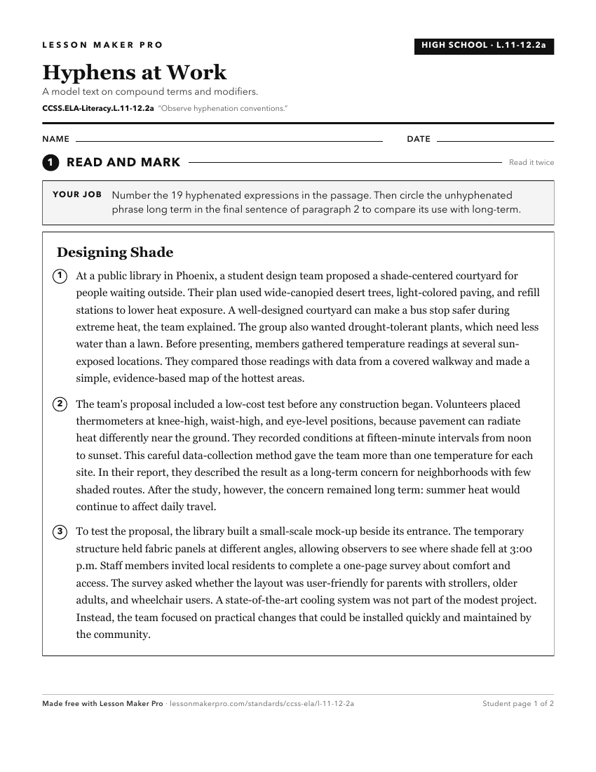 Preview of the CCSS.ELA-Literacy.L.11-12.2a printable worksheet