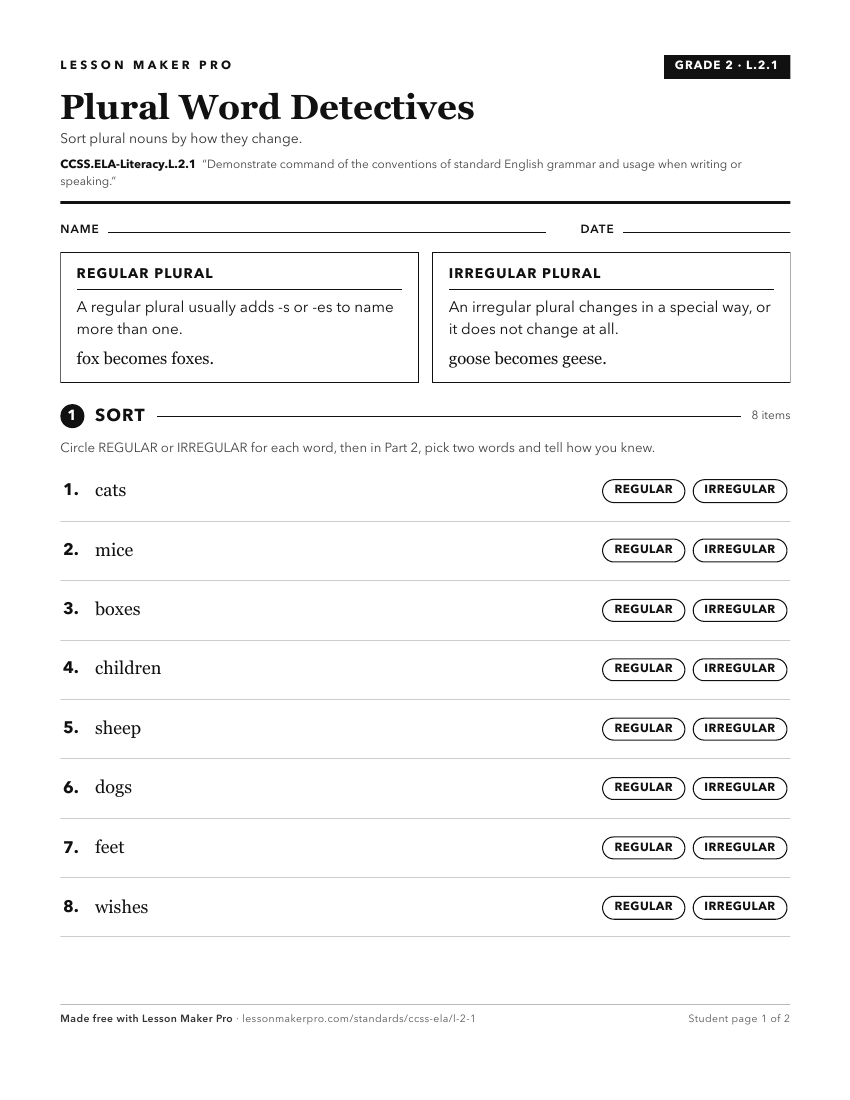 Preview of the CCSS.ELA-Literacy.L.2.1 printable worksheet