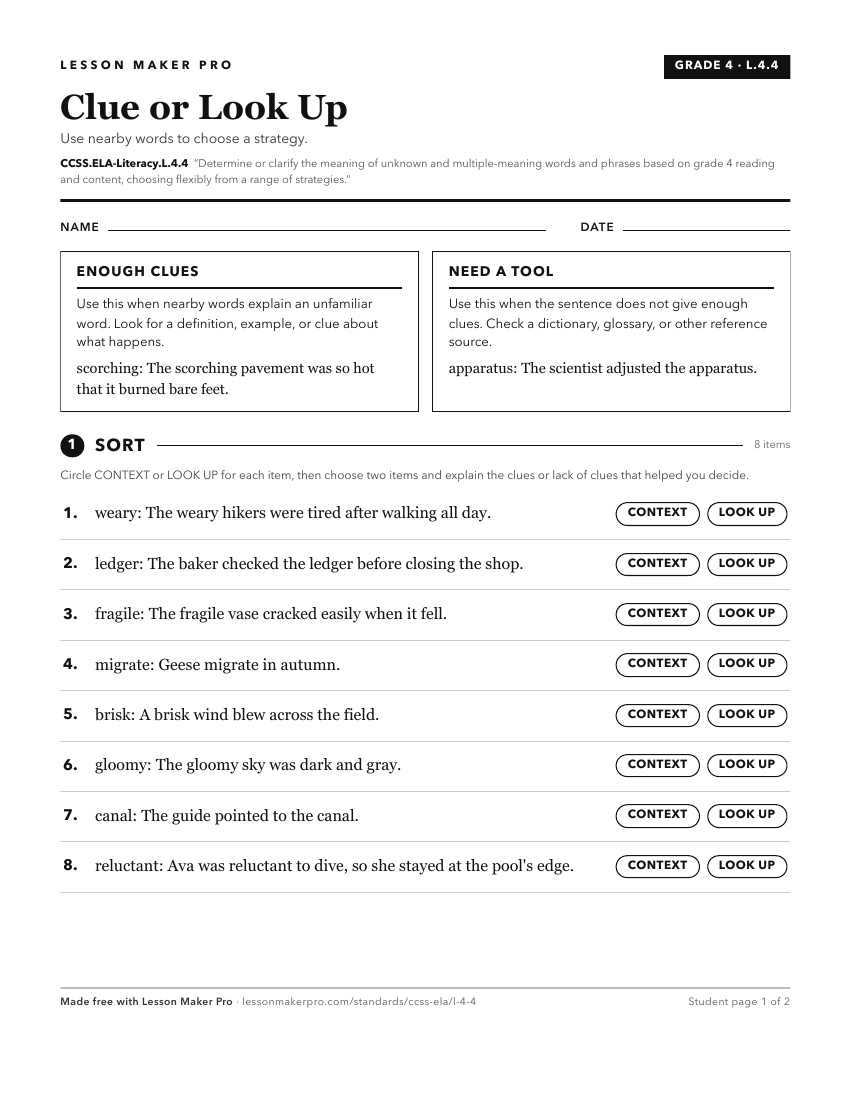 Preview of the CCSS.ELA-Literacy.L.4.4 printable worksheet