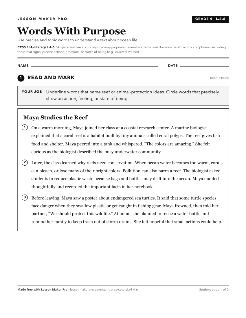 Preview of the CCSS.ELA-Literacy.L.4.6 printable worksheet