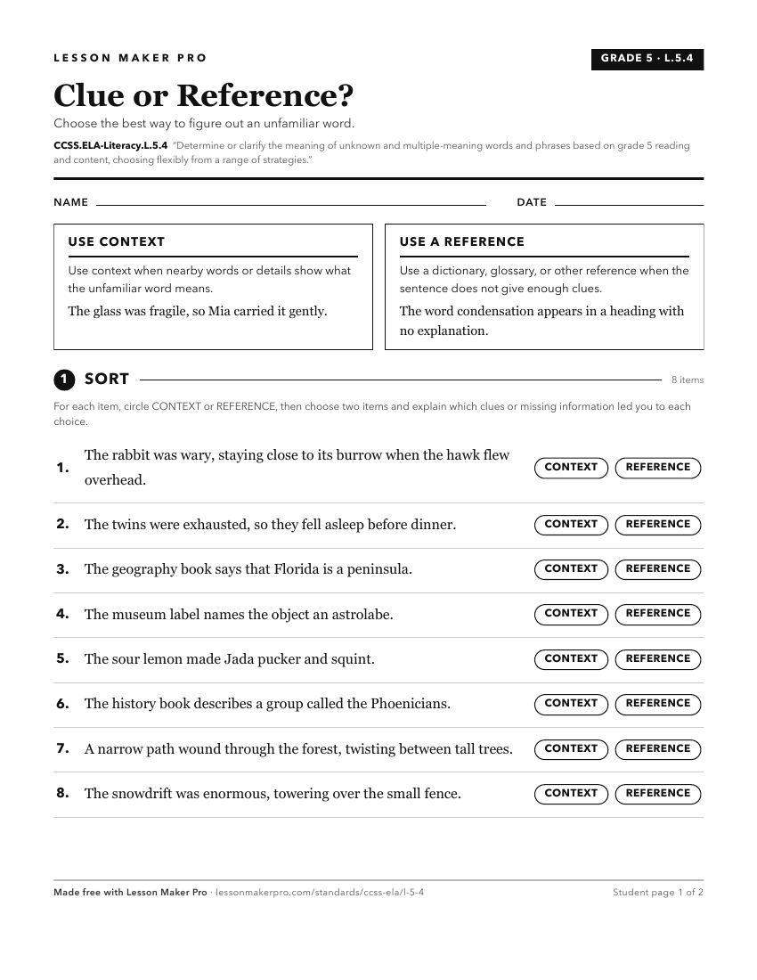 Preview of the CCSS.ELA-Literacy.L.5.4 printable worksheet