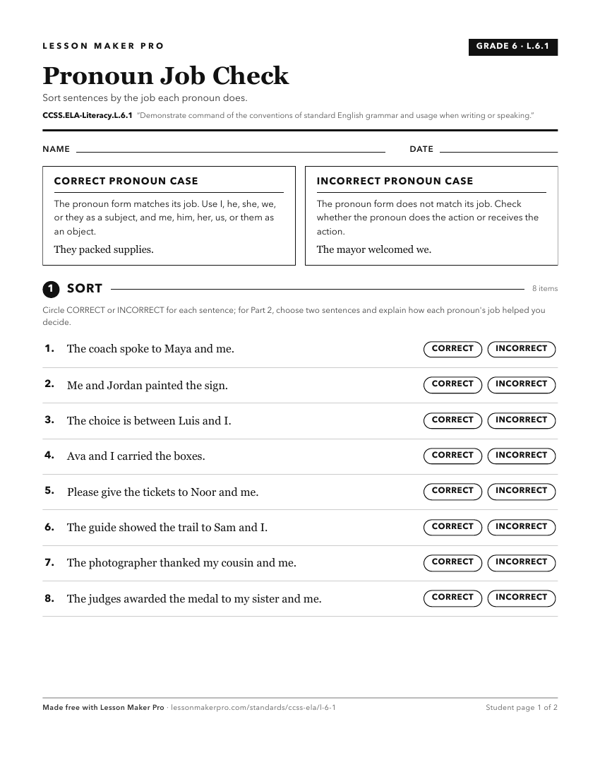 Preview of the CCSS.ELA-Literacy.L.6.1 printable worksheet