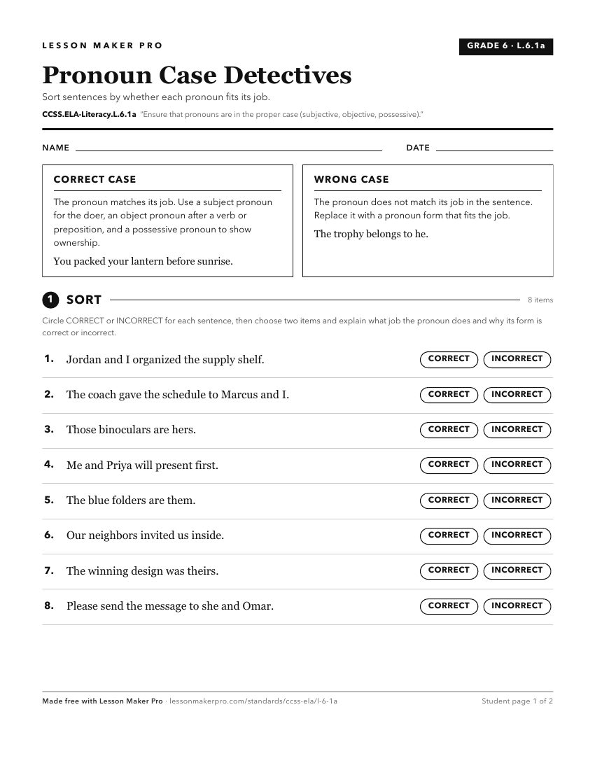 Preview of the CCSS.ELA-Literacy.L.6.1a printable worksheet