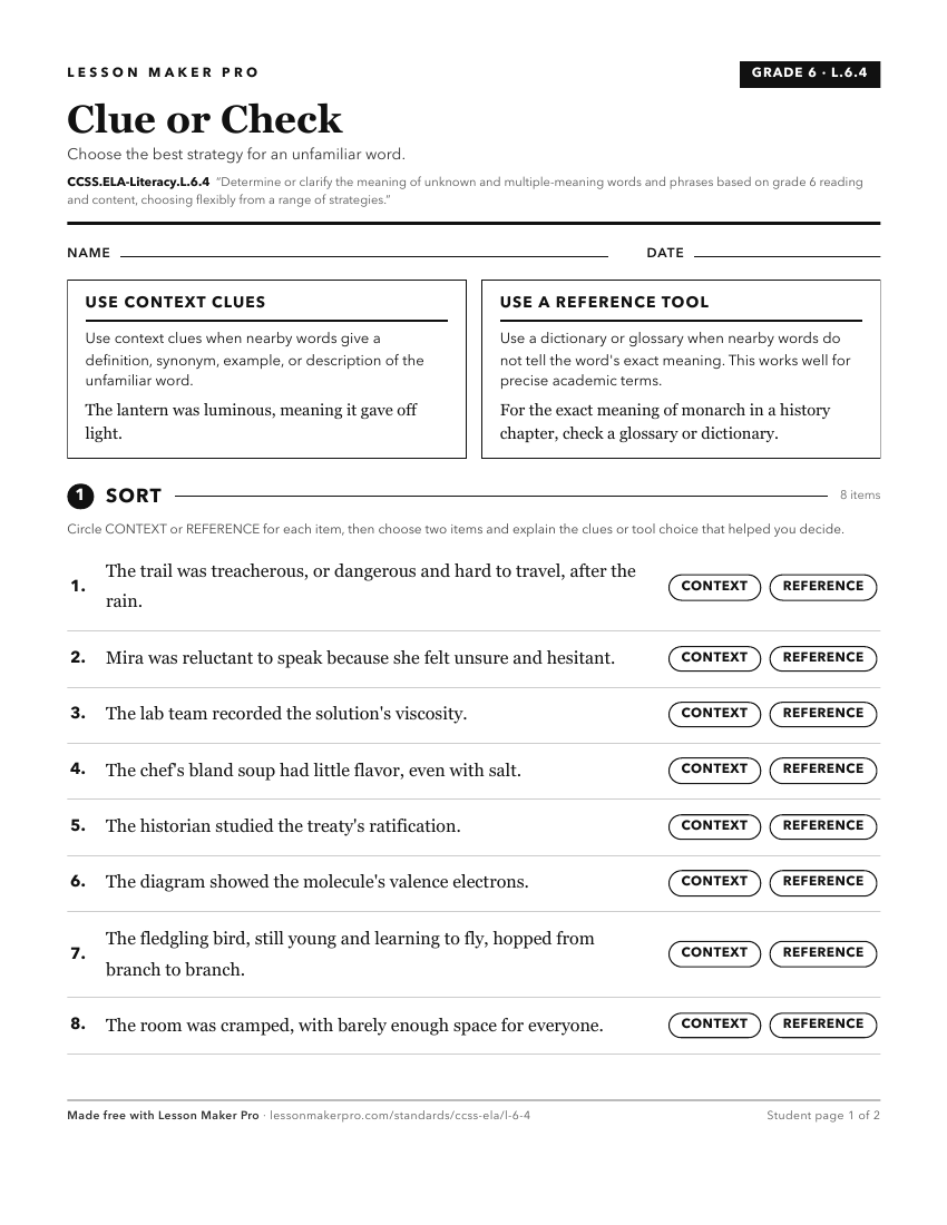 Preview of the CCSS.ELA-Literacy.L.6.4 printable worksheet