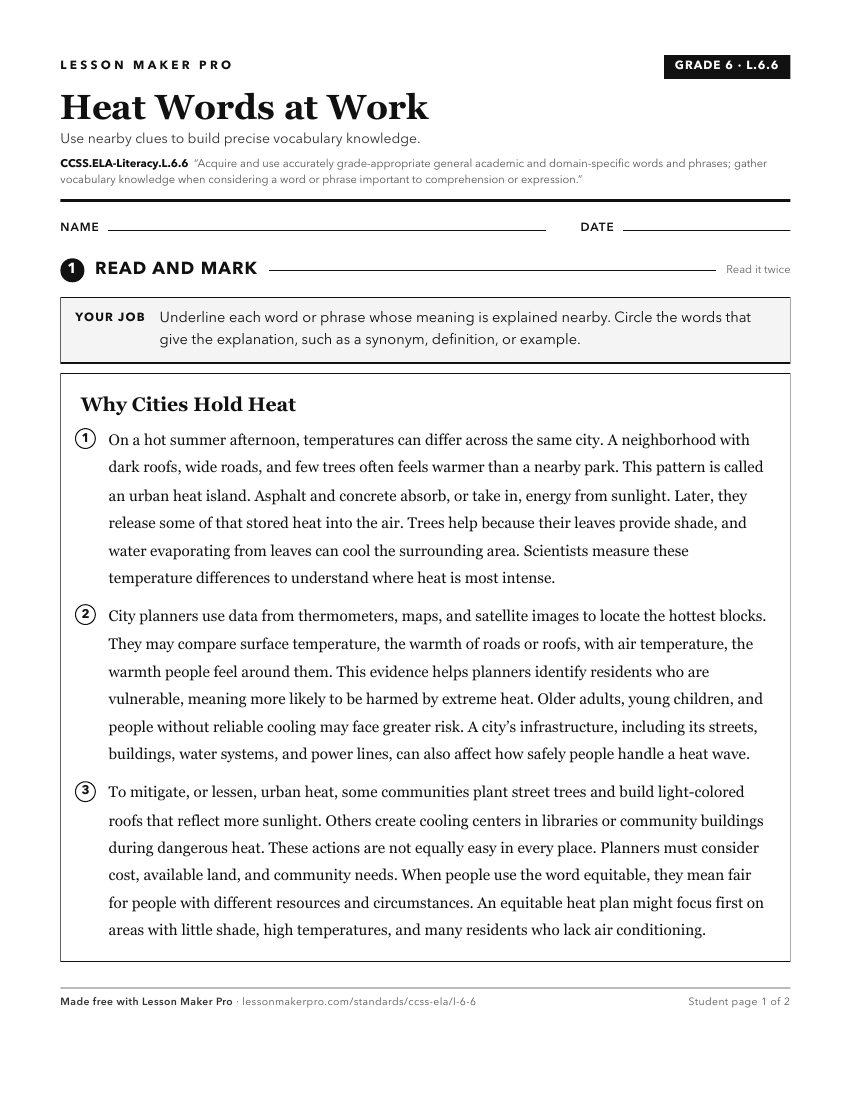 Preview of the CCSS.ELA-Literacy.L.6.6 printable worksheet