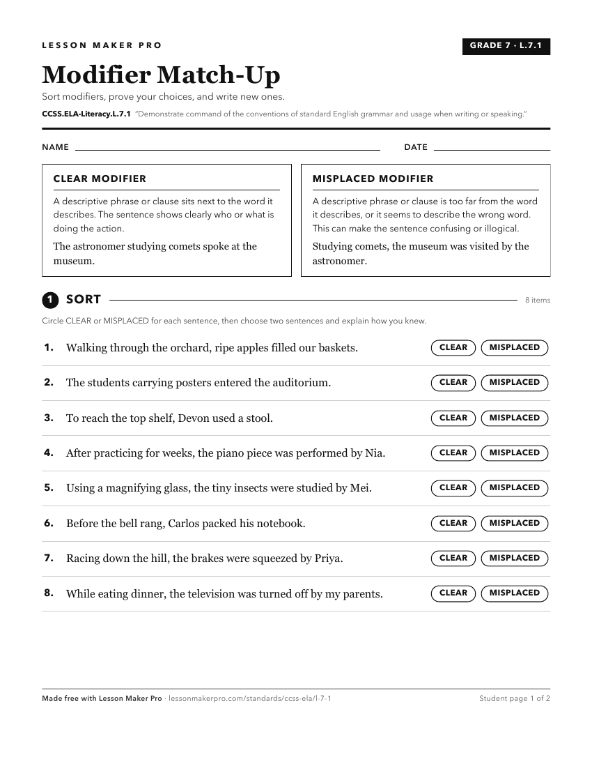 Preview of the CCSS.ELA-Literacy.L.7.1 printable worksheet