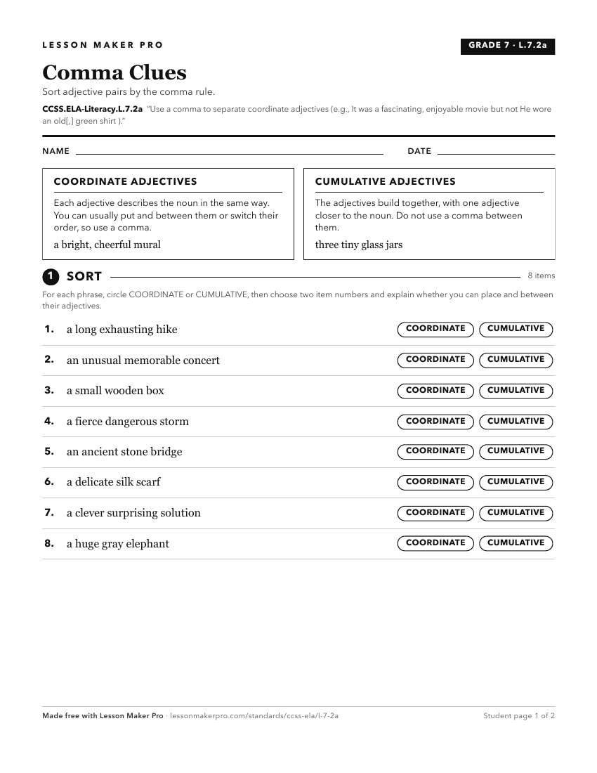 Preview of the CCSS.ELA-Literacy.L.7.2a printable worksheet