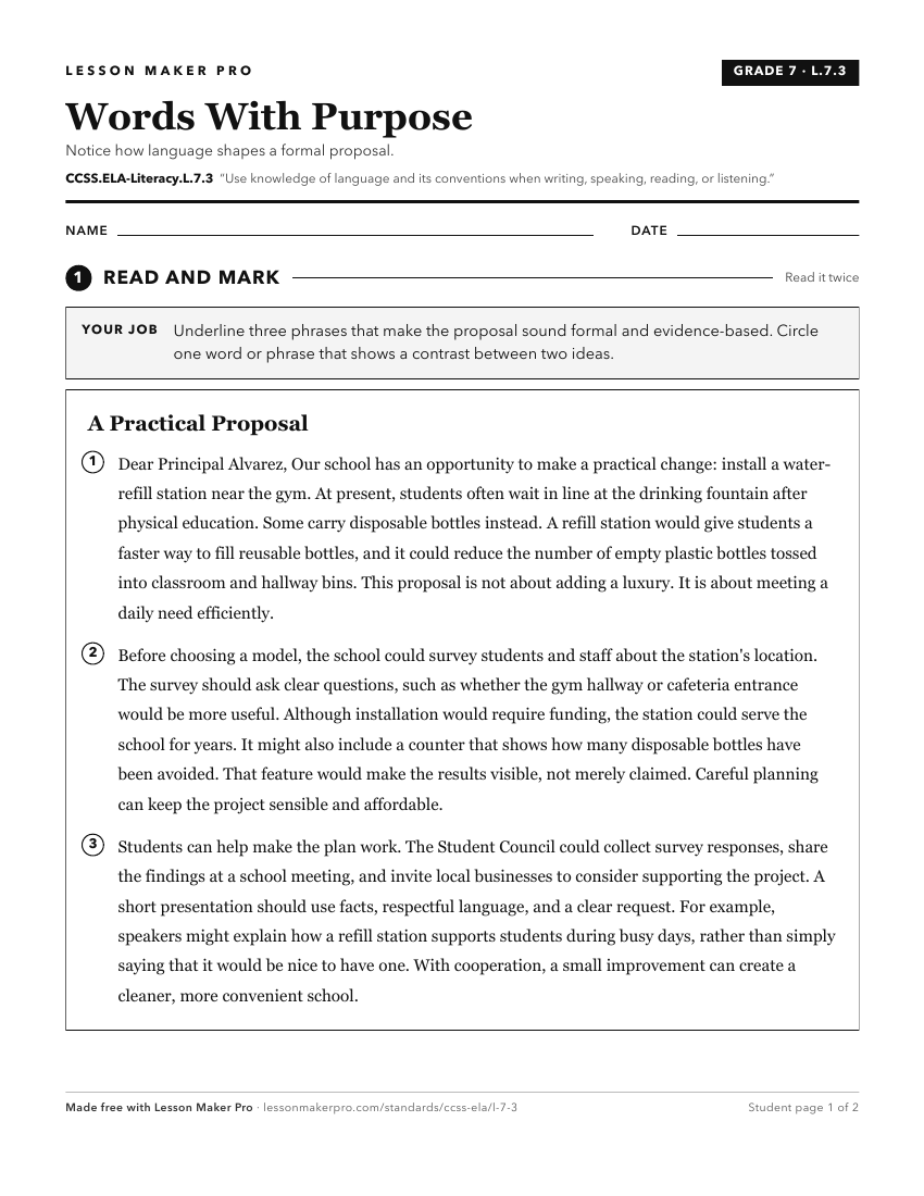 Preview of the CCSS.ELA-Literacy.L.7.3 printable worksheet