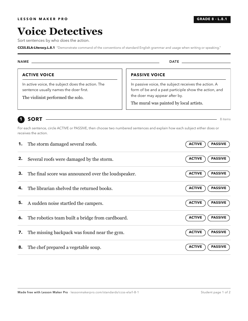 Preview of the CCSS.ELA-Literacy.L.8.1 printable worksheet