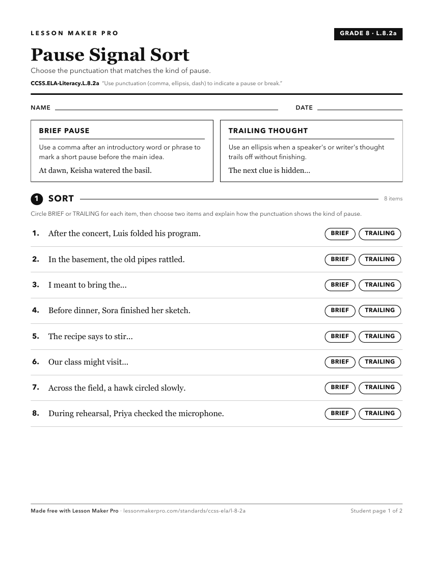 Preview of the CCSS.ELA-Literacy.L.8.2a printable worksheet
