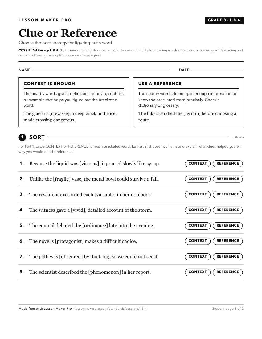 Preview of the CCSS.ELA-Literacy.L.8.4 printable worksheet