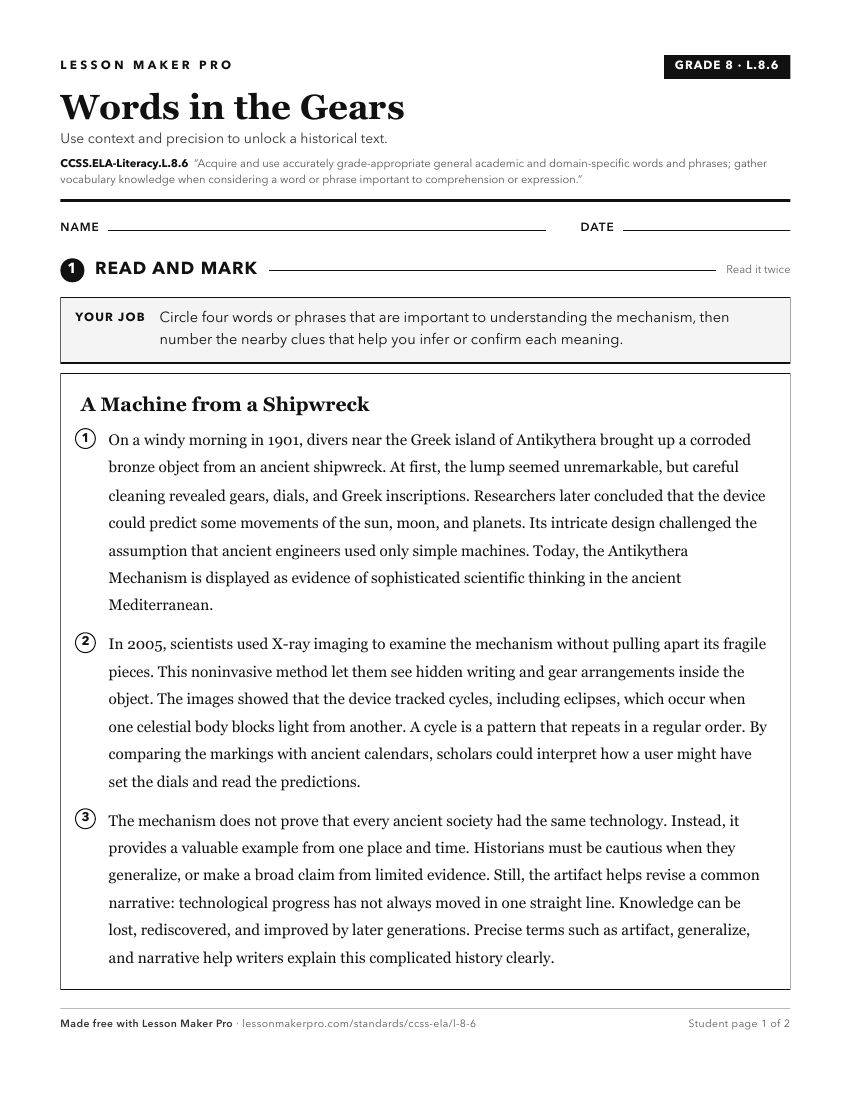 Preview of the CCSS.ELA-Literacy.L.8.6 printable worksheet