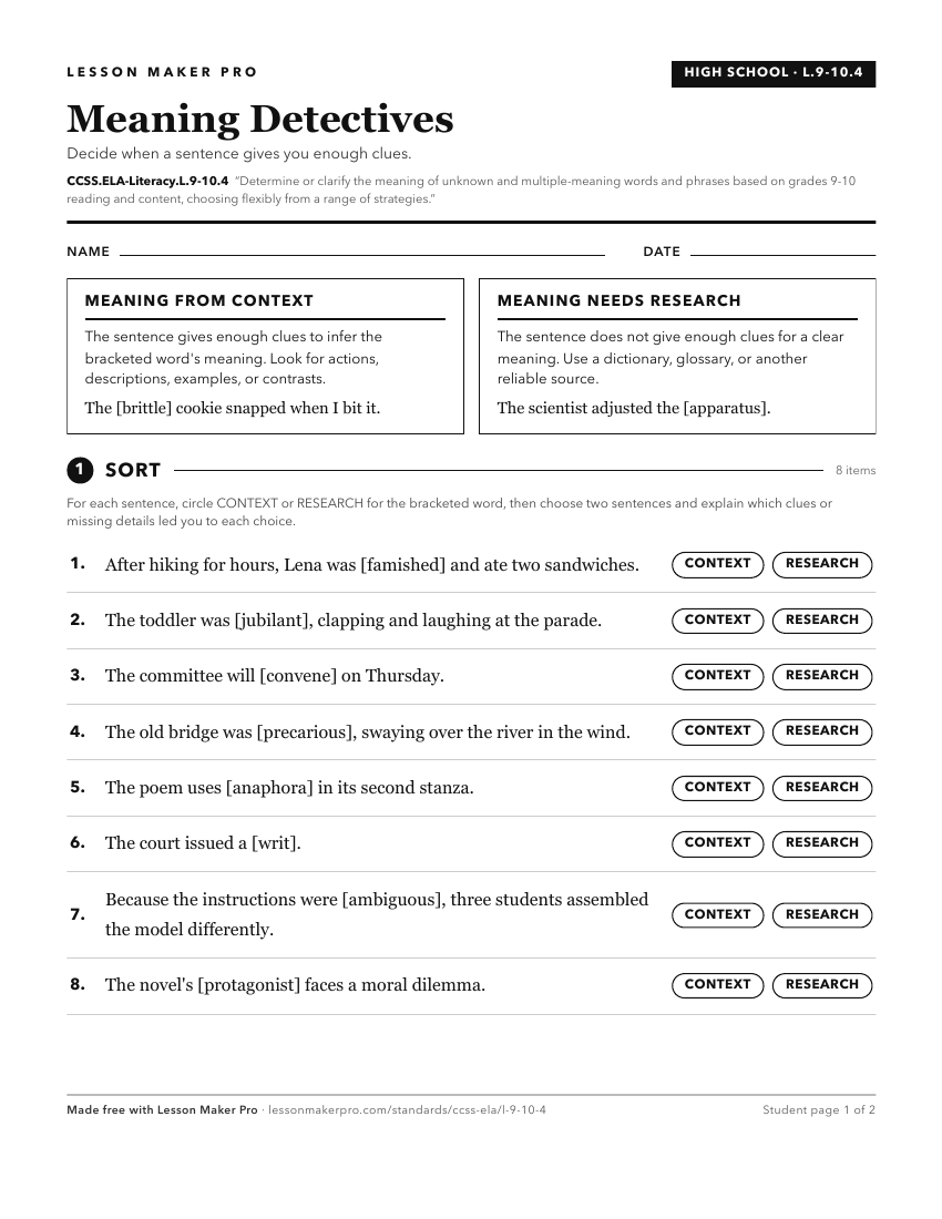 Preview of the CCSS.ELA-Literacy.L.9-10.4 printable worksheet