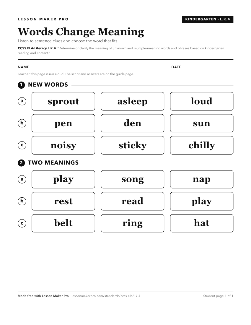 Preview of the CCSS.ELA-Literacy.L.K.4 printable worksheet