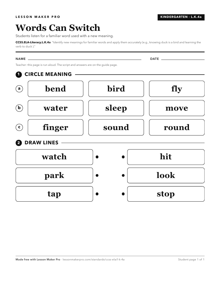 Preview of the CCSS.ELA-Literacy.L.K.4a printable worksheet