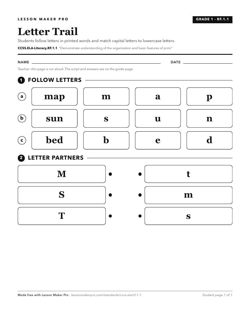 Preview of the CCSS.ELA-Literacy.RF.1.1 printable worksheet