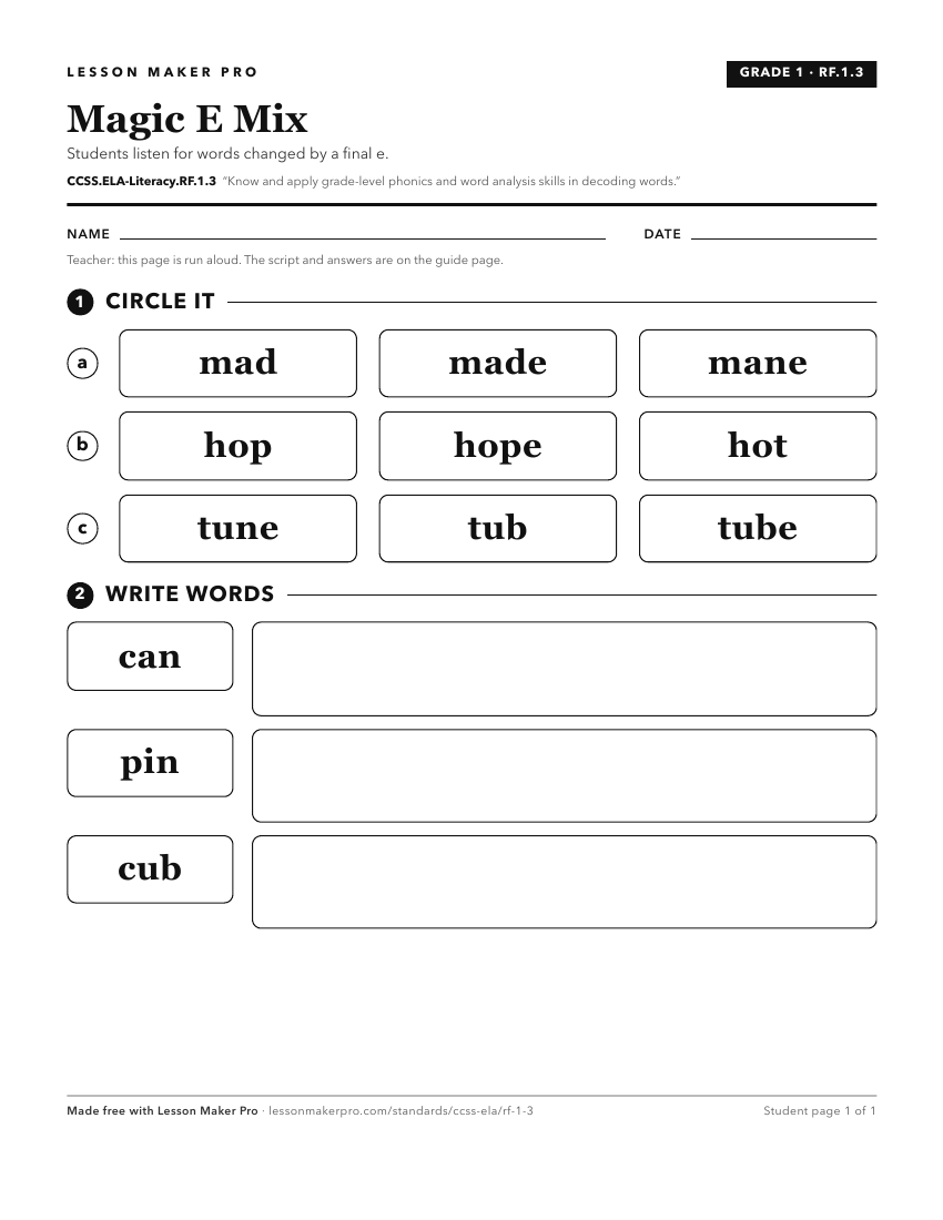 Preview of the CCSS.ELA-Literacy.RF.1.3 printable worksheet