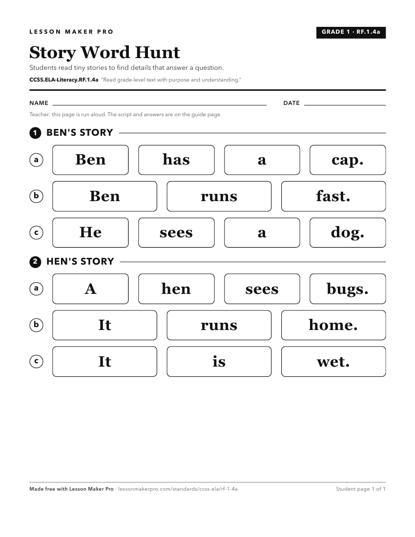 Preview of the CCSS.ELA-Literacy.RF.1.4a printable worksheet