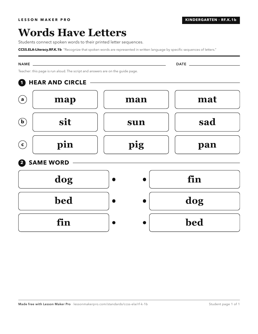 Preview of the CCSS.ELA-Literacy.RF.K.1b printable worksheet
