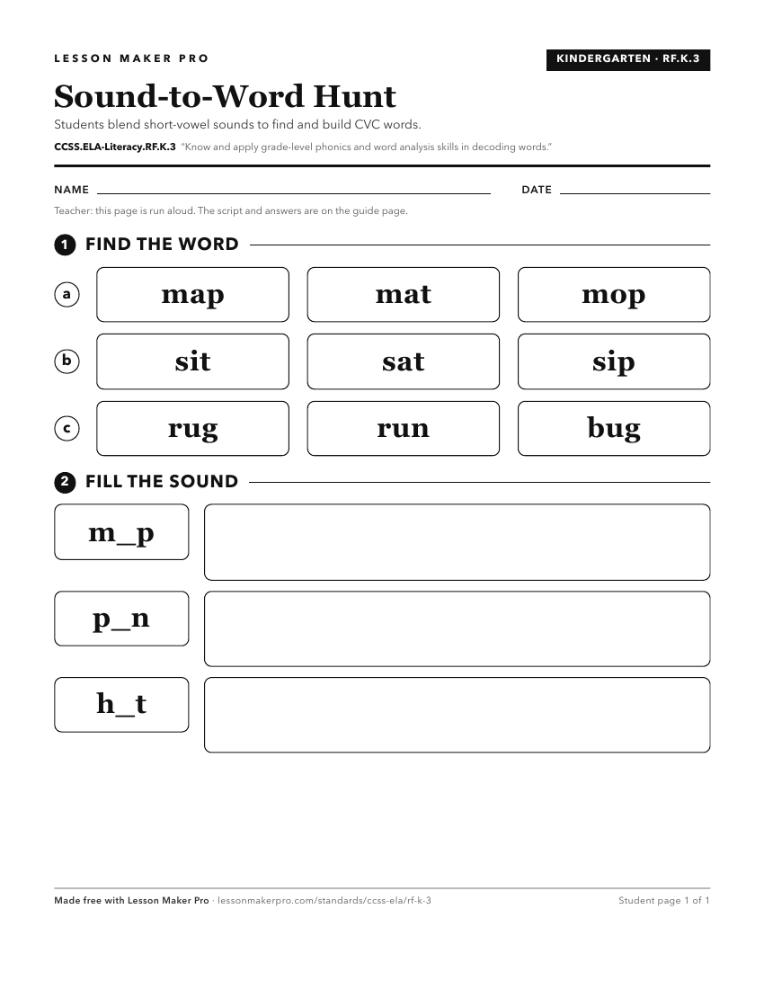 Preview of the CCSS.ELA-Literacy.RF.K.3 printable worksheet