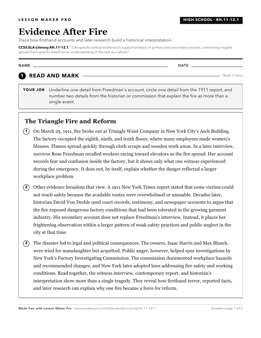 Preview of the CCSS.ELA-Literacy.RH.11-12.1 printable worksheet