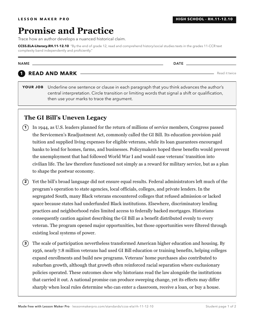Preview of the CCSS.ELA-Literacy.RH.11-12.10 printable worksheet