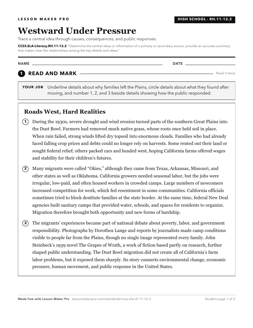 Preview of the CCSS.ELA-Literacy.RH.11-12.2 printable worksheet