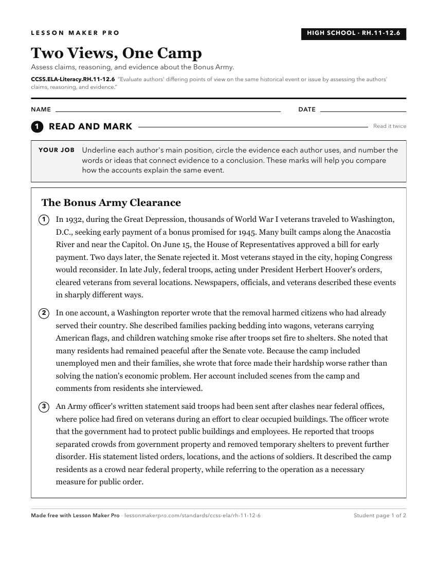 Preview of the CCSS.ELA-Literacy.RH.11-12.6 printable worksheet
