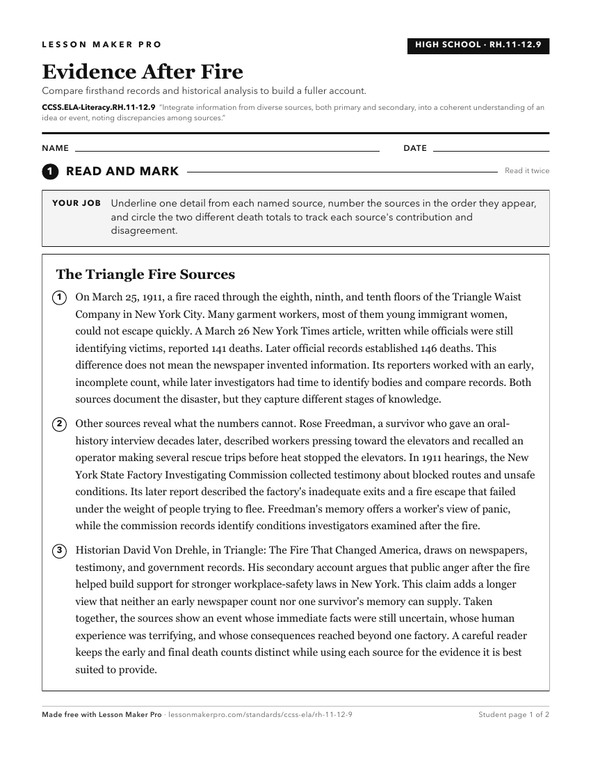 Preview of the CCSS.ELA-Literacy.RH.11-12.9 printable worksheet