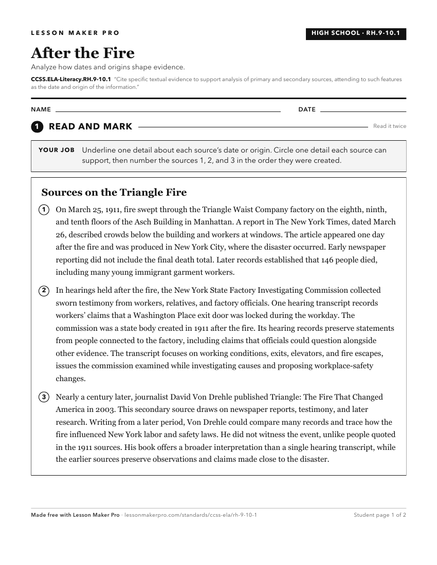 Preview of the CCSS.ELA-Literacy.RH.9-10.1 printable worksheet