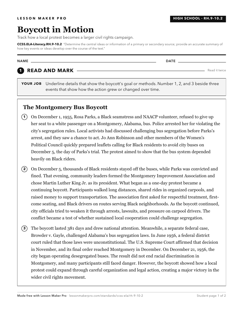 Preview of the CCSS.ELA-Literacy.RH.9-10.2 printable worksheet