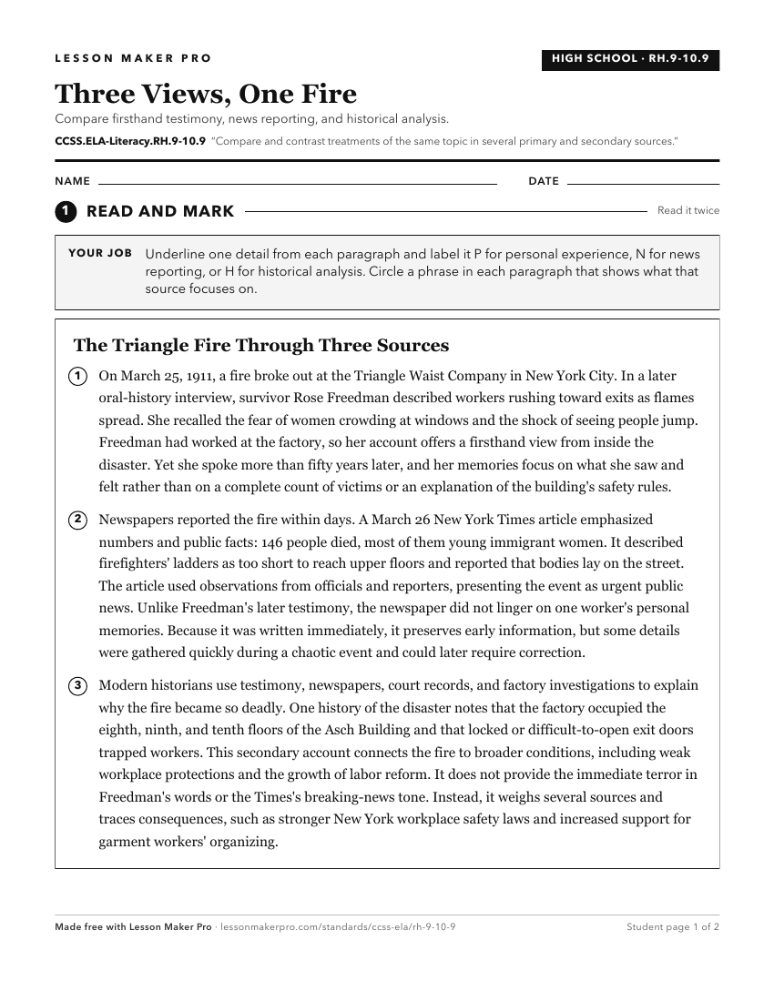 Preview of the CCSS.ELA-Literacy.RH.9-10.9 printable worksheet